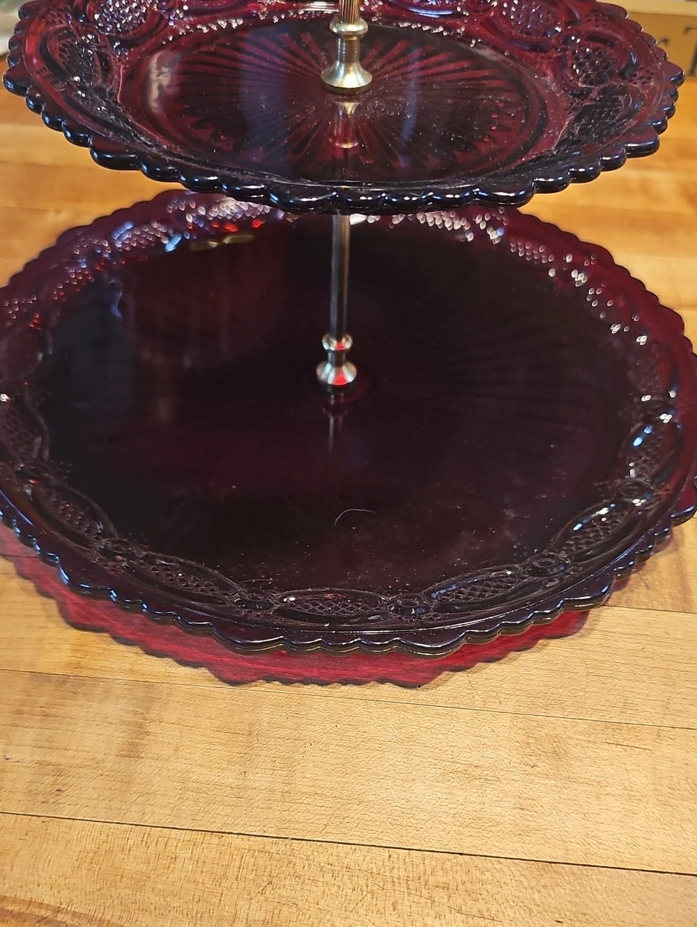 Two-Tier Ruby Red  Dessert Stand Avon Cape Cod 1876 Collection